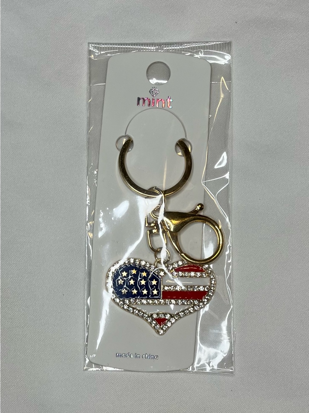 Mint Gold-Tone Heart Keychain Bag Charm with American Flag Enamel